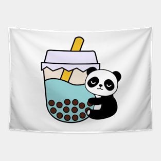 Adorable Panda Baby Bubble Tea Hug Kawaii Blue Tapestry