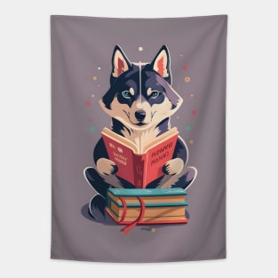 Siberian husky reading book Tapestry