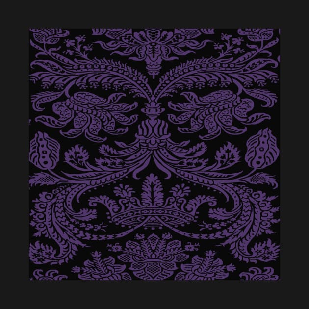 Lilac Purple on Black Gothic Royal Medieval Damask Scrolls by JamieWetzel