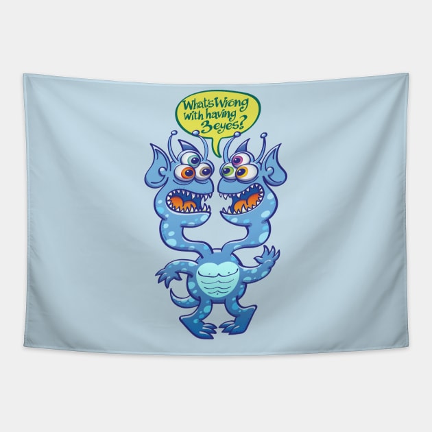 Worried two-headed alien asking what is wrong with having three eyes Tapestry by zooco