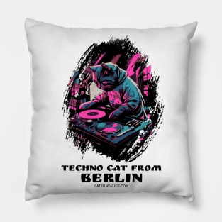 Techno Cat - Techno cat from Berlin- Catsondrugs.com - rave, edm, festival, techno, trippy, music, 90s rave, psychedelic, party, trance, rave music, rave krispies, rave flyer Pillow