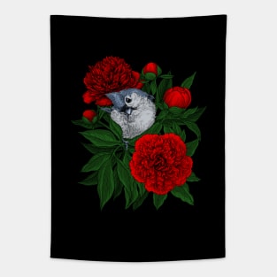 Bird on a red peony bouquet Tapestry