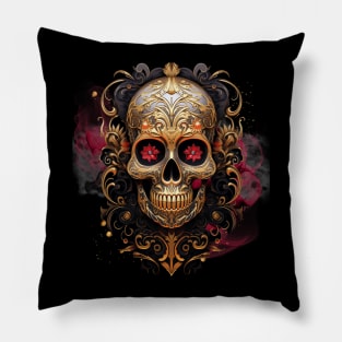 Golden Psychedelic skull with flowers as eyes and smoking background Pillow