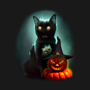 Vampire Cat and Wizard Pumpkin Halloween Surreal Art T-Shirt