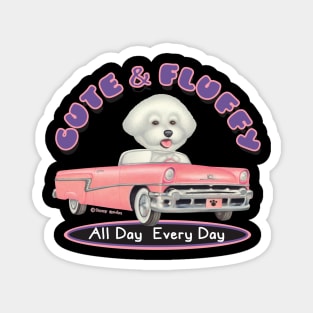 Cute Bichon Frise Driving vintage Classic pink cadillac while shopping Magnet