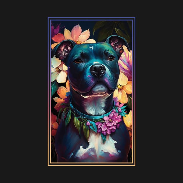 American Staffordshire Terrier Pitbull Vibrant Tropical Flower Tall Digital Oil Painting Portrait  3 by ArtHouseFlunky