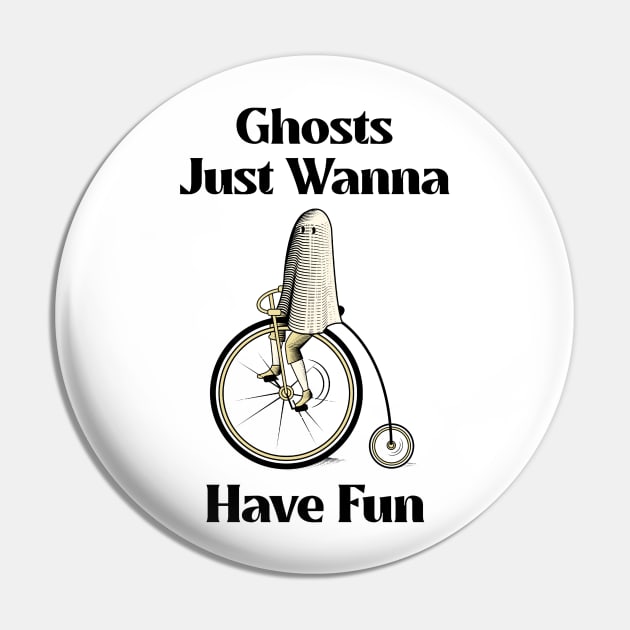 Ghosts Just Wanna Have Fun Funny Cute Ghost Riding Bicycle Pin by LittleFlairTee