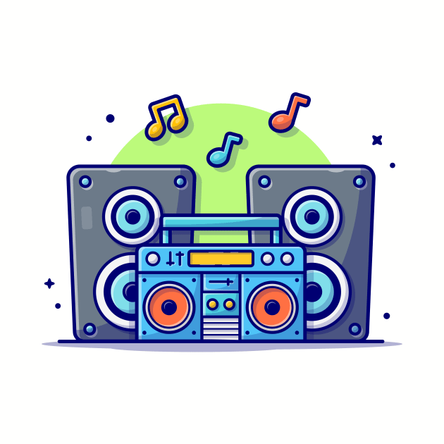 Retro Portable Radio Cassete Recorder with Sound Speaker and Notes of Music Cartoon Vector Icon Illustration by Catalyst Labs