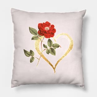 Red Rose Flower with Gold Heart Pillow