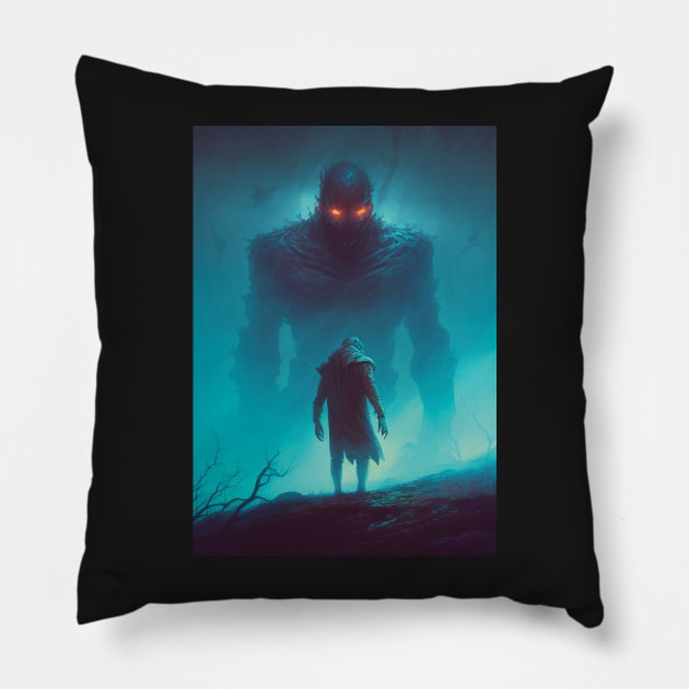Giant in the Fog | Ominous Painting | Horror Fiction Art | Surrealism Artist | Dark Fantasy Style | Mysterious Giant in the Mist Pillow by GloomCraft
