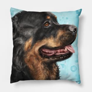 Painting of an Adorable Rottweiler with Its Tongue Out, Light Blue Spattered Background Pillow