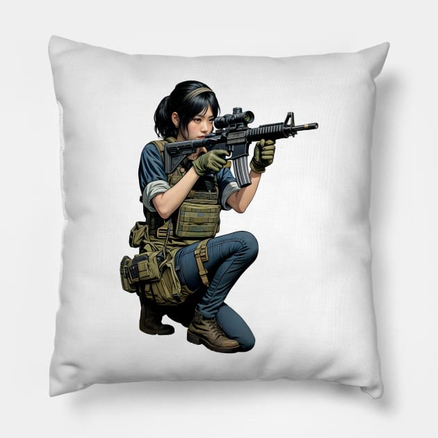 Tactical Girl Pillow by Rawlifegraphic