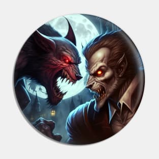 Close up of a cartoon image of a vampire vs. a werewolf fight at full moon. Pin