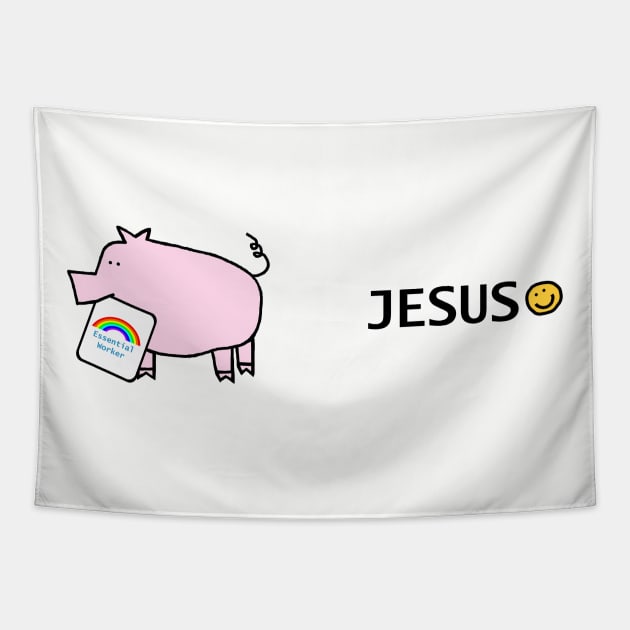 Jesus and Pink Pig Essential Worker Rainbow Tapestry by ellenhenryart