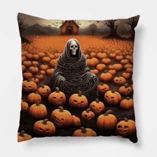 Skeleton Ghost And Creepy Pumpkin Patch Of Jack O Lanterns Pillow