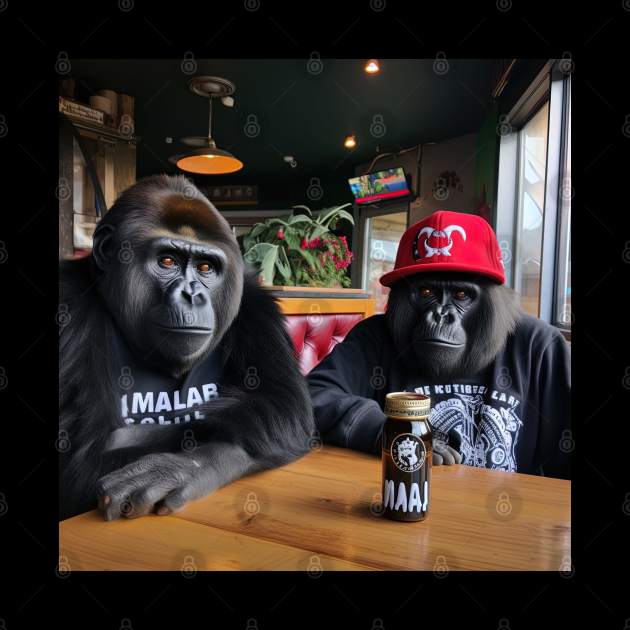 two gorillas enjoying beer in bar by Maverick Media