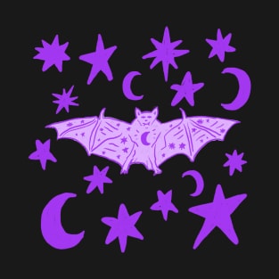 Cute Vampire Bat with Moons and Stars, Purple T-Shirt