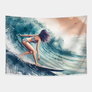 Abstract looking illustration of a woman surfing in a bikini in tropical waters. Tapestry