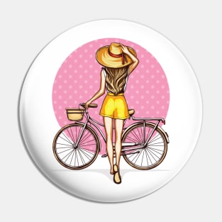 girl near bicycle with basket Pin