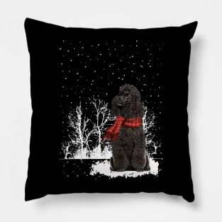 Christmas Black Mini Poodle With Scarf In Winter Forest Pillow