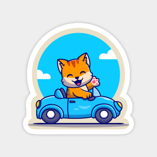 Cute Cat Driving Car Cartoon Magnet