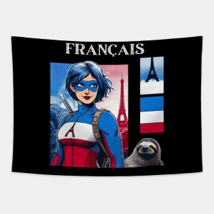 Francais: Female 90's Comic Book Hero with Sloth Cover Tapestry