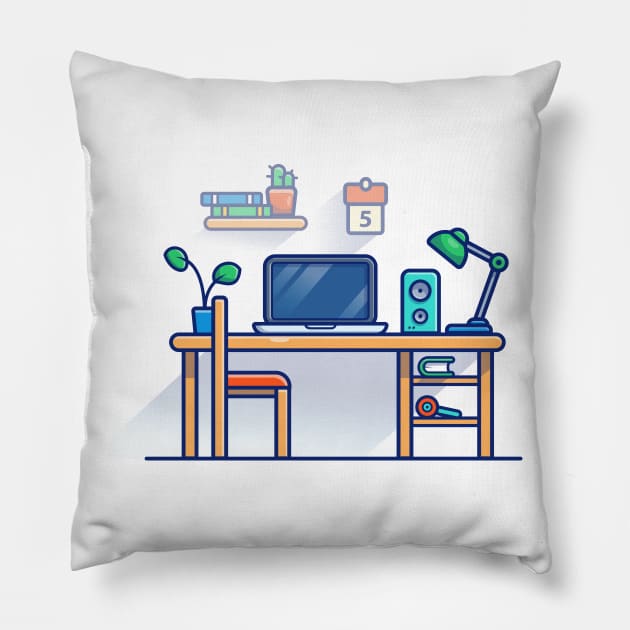 Desk, Laptop, Chair, Book, Lamp, Speaker, Plant, Calendar, And Floating Shelves Cartoon Pillow by Catalyst Labs