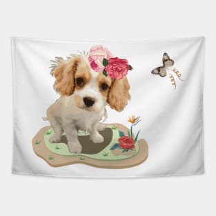 Cutie Cocker Spaniel Puppy Dog Roses flowers Butterflies Tapestry