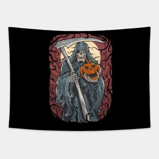 Grim Reaper Holding Pumpkin Art Tapestry