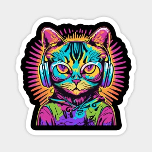 t-shirt design, colorful cat with headphones on, graffiti art psychedelic art, black background, synthwave, colorful Magnet