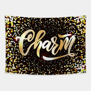 Hand lettering word Charm on golden background. Tapestry