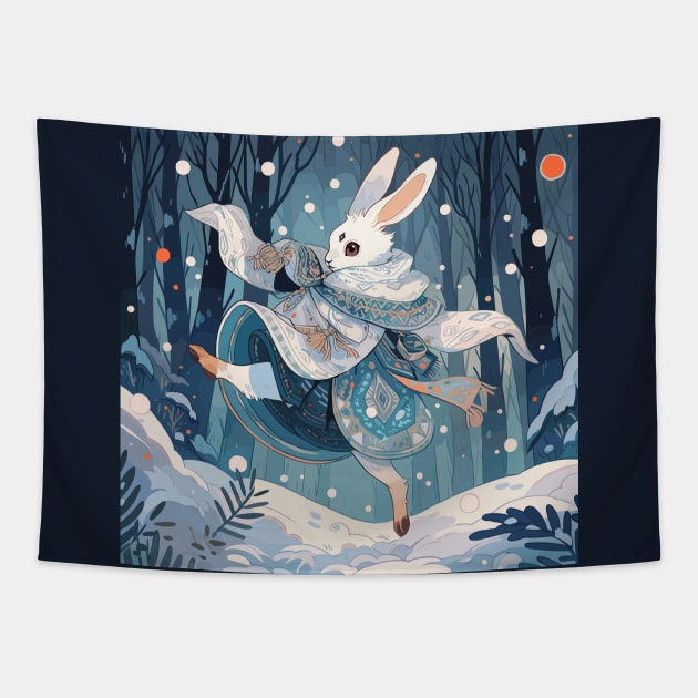 White rabbit dancing in the snow Tapestry by etherElric