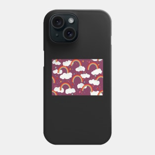 Clouds, rainbows and love hearts on a purple background Phone Case