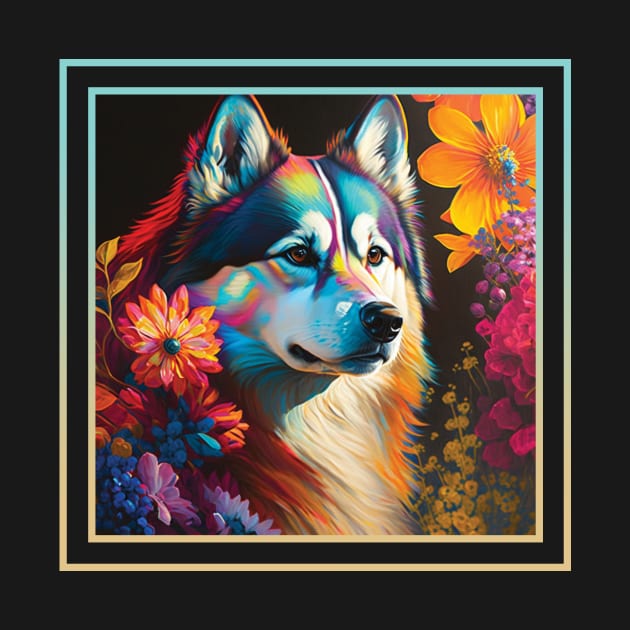 Angelic Siberian Husky Floral Tropical Digital Oil Painting Portrait by ArtHouseFlunky