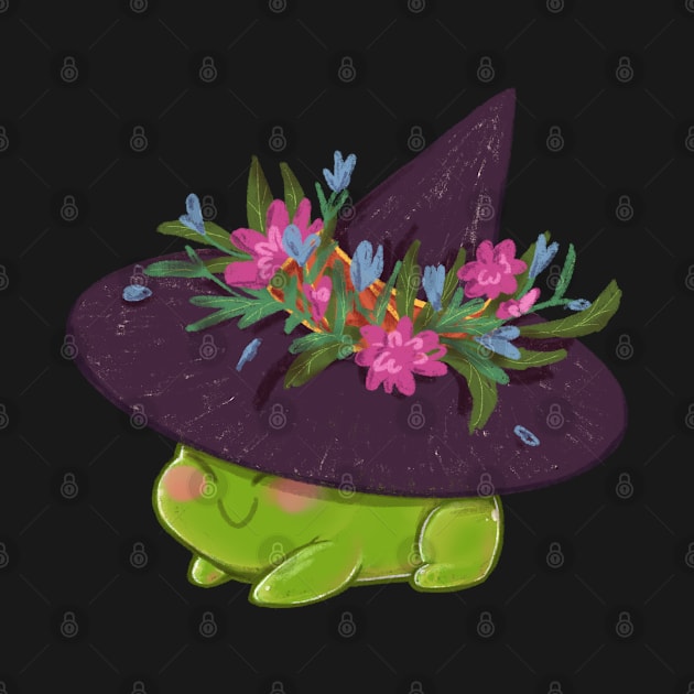 Witchy frog wearing pointy witch hat with flowers by Itsacuteart