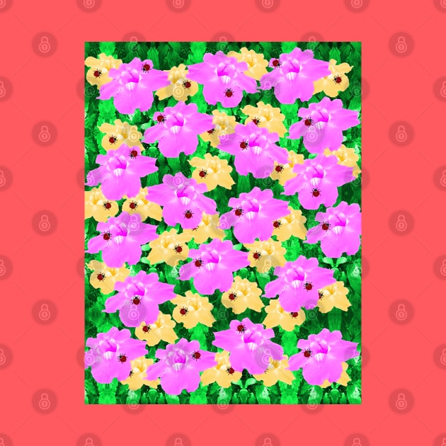 Pink and yellow flowers, ladybugs and leaves pattern by wagnerps