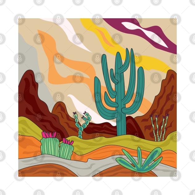 Desert climate, retro style, abstract cactus , sun, sand and mountains , Arizona by WorldOfMine