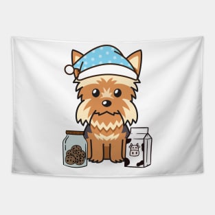 Funny yorkshire terrier is having a midnight snack Tapestry