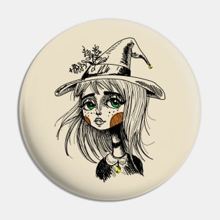 Cute Little Witch Illustration Pin