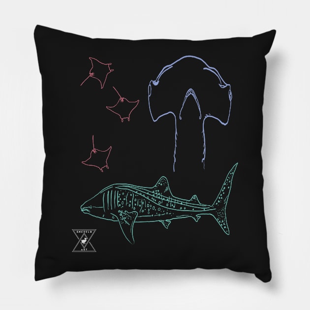 Hammerhead Stingrays and Whale Shark Pillow by encycloart