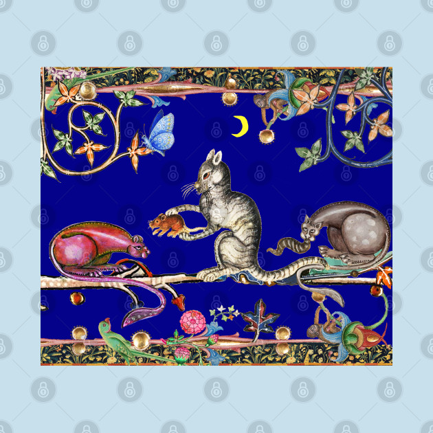 Disover WEIRD MEDIEVAL BESTIARY THREE HUNTER CATS AND MOUSE IN BLUE NIGHT - Hunter Cats And Mouse In Night Blue - T-Shirt