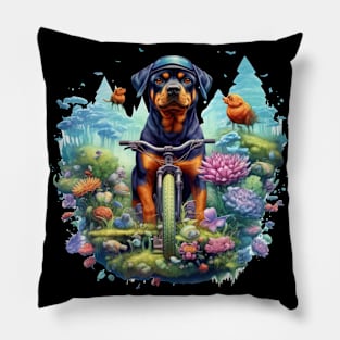 A curious Rottweiler Dog, riding a bicycle through a fantastical forest Pillow