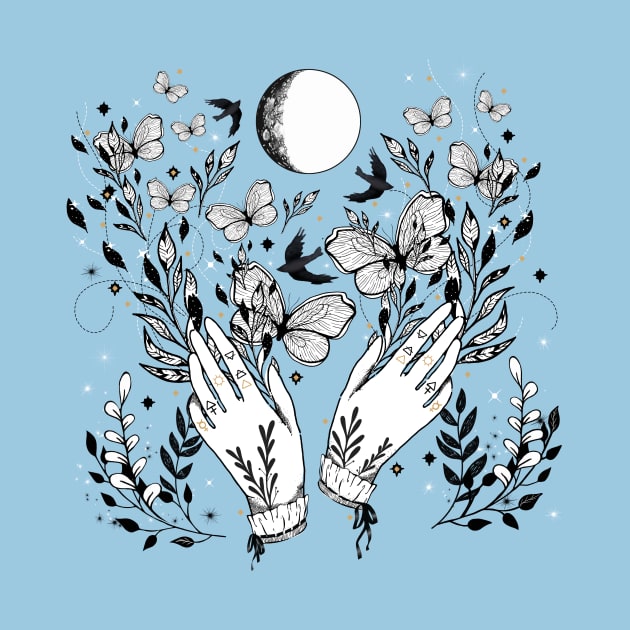 Full Moon Magic Of Nature With Blackbirds And Butterflies by LittleBunnySunshine