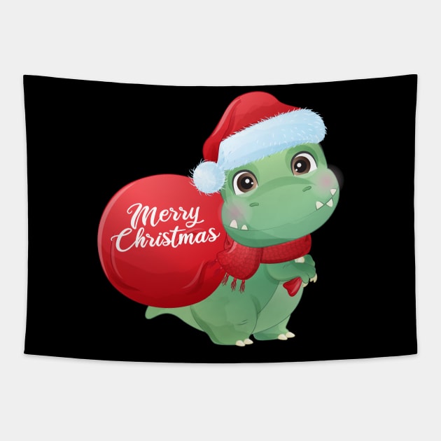 Cute Christmas T Rex Dinosaur With Santa Hat Tapestry by P-ashion Tee