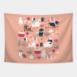 Veterinary medicine, happy and healthy friends // coral background red details navy blue white and brown cats dogs and other animals Tapestry