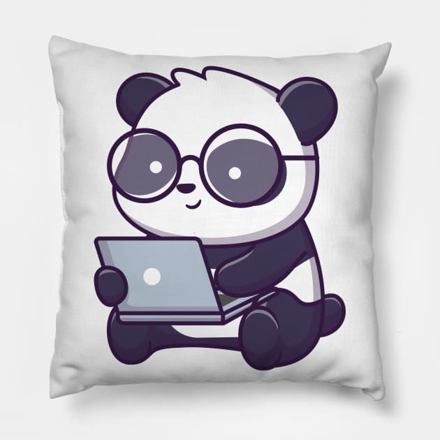 Cute panda working on laptop Pillow by Catalyst Labs