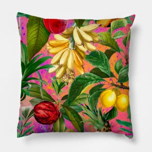 Vibrant tropical floral leaves and fruits floral illustration,botanical illustration, tropical plants, Pink fruit pattern over a Pillow