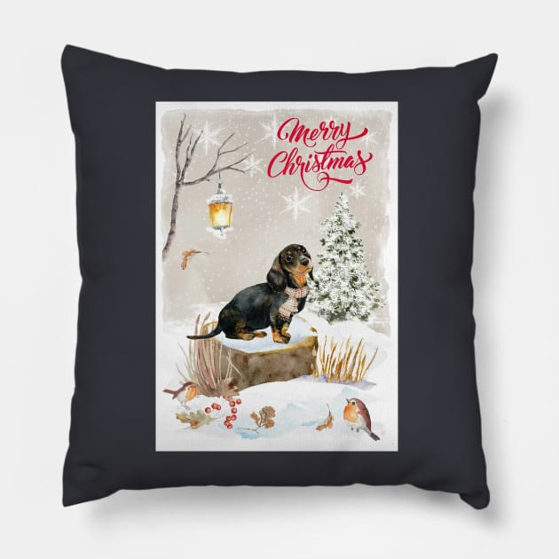 Black And Tan Dachshund Puppy Merry Christmas Santa Dog Pillow by Puppy Eyes