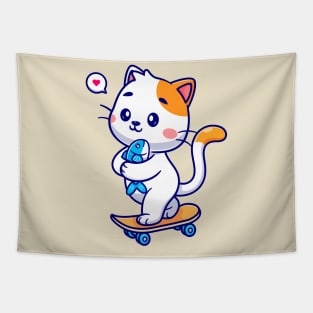 Cute Cat Holding Fish On Skateboard Cartoon Tapestry