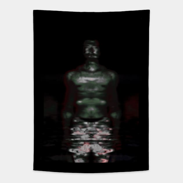 Portrait, digital collage and special processing. Muscular weird guy in briefs. Darkness. Glow. Green, gray. Tapestry by 234TeeUser234